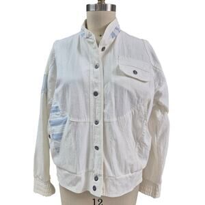 Vtg 80s 90s Y2K Casual Club White Denim Jacket Contrast Trim Poly/Cotton Sz M